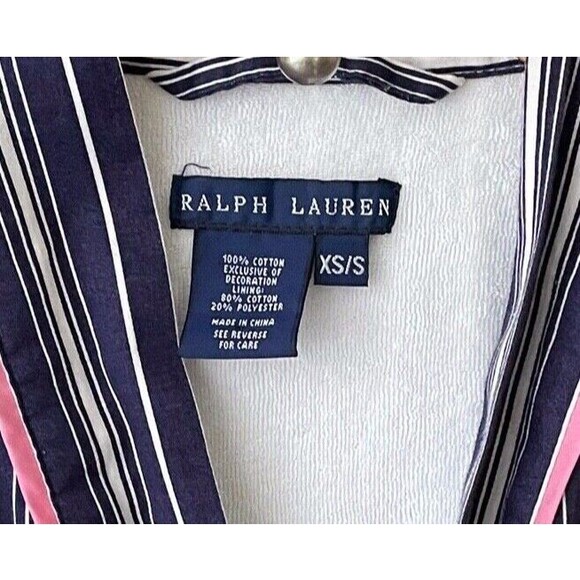 Vintage RALPH LAUREN Womens Robe XS/S Blue Striped Terry Lining Embroidered Logo - Picture 11 of 11